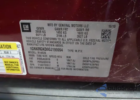 2016 Chevrolet Traverse Lt z USA, uszkodzony, nr VIN 1GNKRGKD6GJ199994